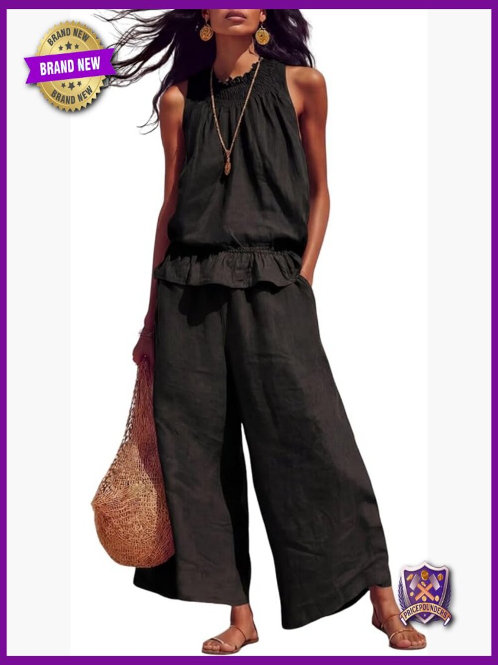 Women's Linen 2 Piece Set Sleeveless Ruffle Top Wide Leg Pants Loungewear